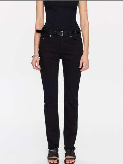 LYUOCHENG Black Frayed Hem Low Rise Stretch Straight Pencil Women&