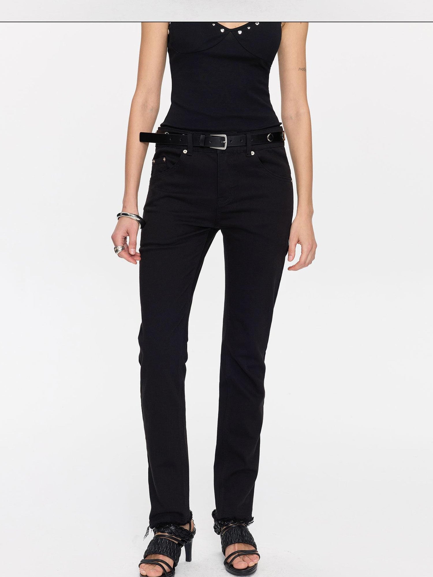 LYUOCHENG Black Frayed Hem Low Rise Stretch Straight Pencil Women&