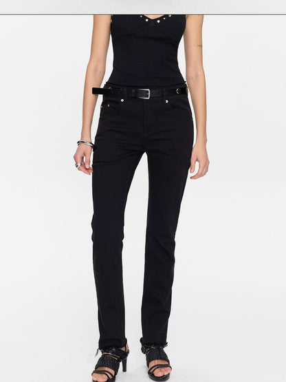 LYUOCHENG Black Frayed Hem Low Rise Stretch Straight Pencil Women&