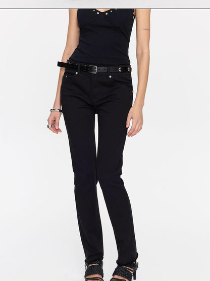LYUOCHENG Black Frayed Hem Low Rise Stretch Straight Pencil Women&