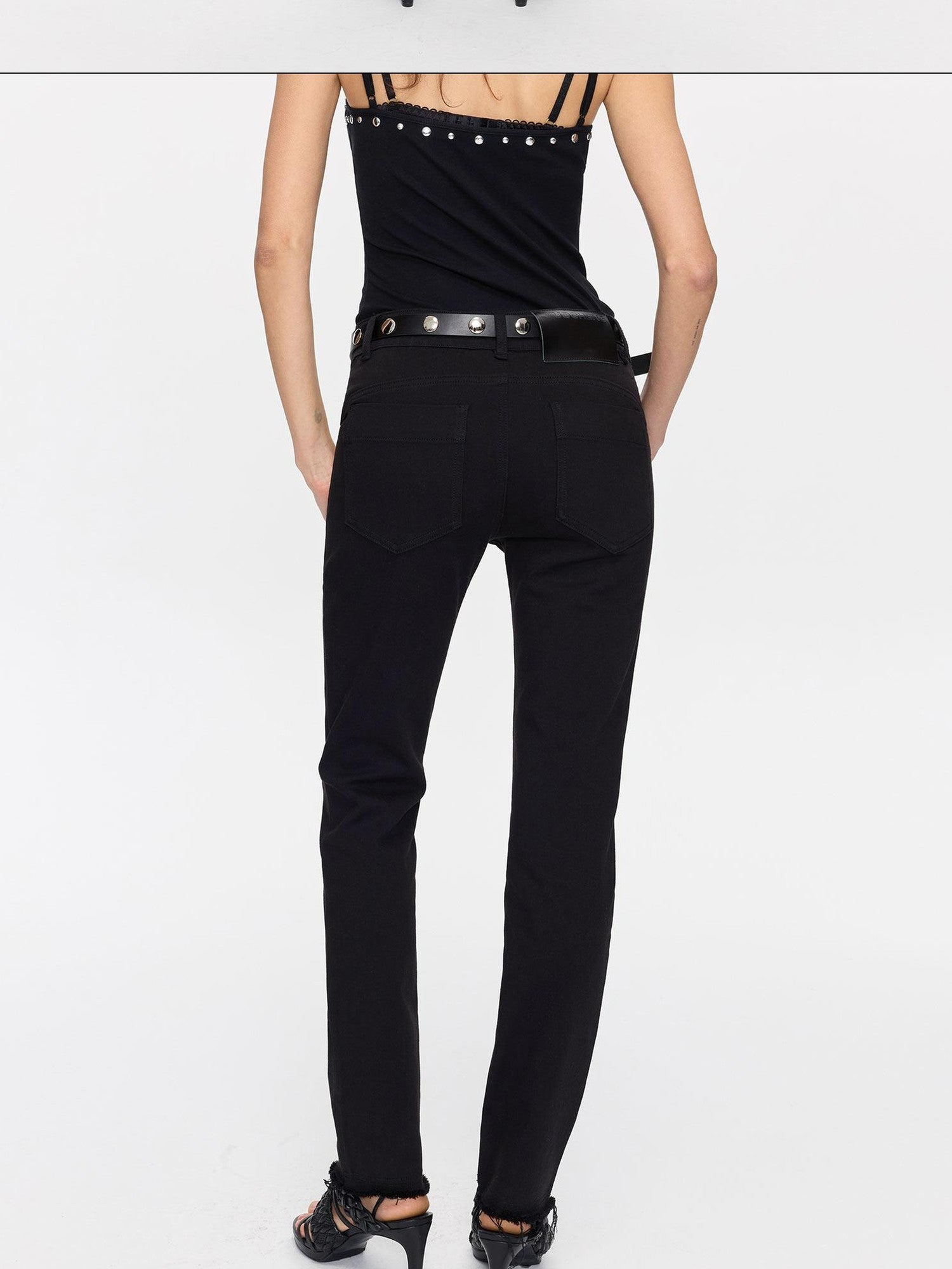 LYUOCHENG Black Frayed Hem Low Rise Stretch Straight Pencil Women&