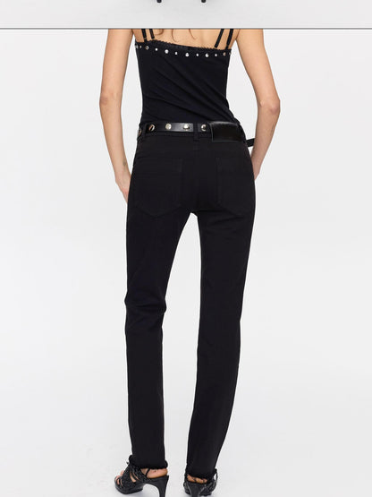 LYUOCHENG Black Frayed Hem Low Rise Stretch Straight Pencil Women&