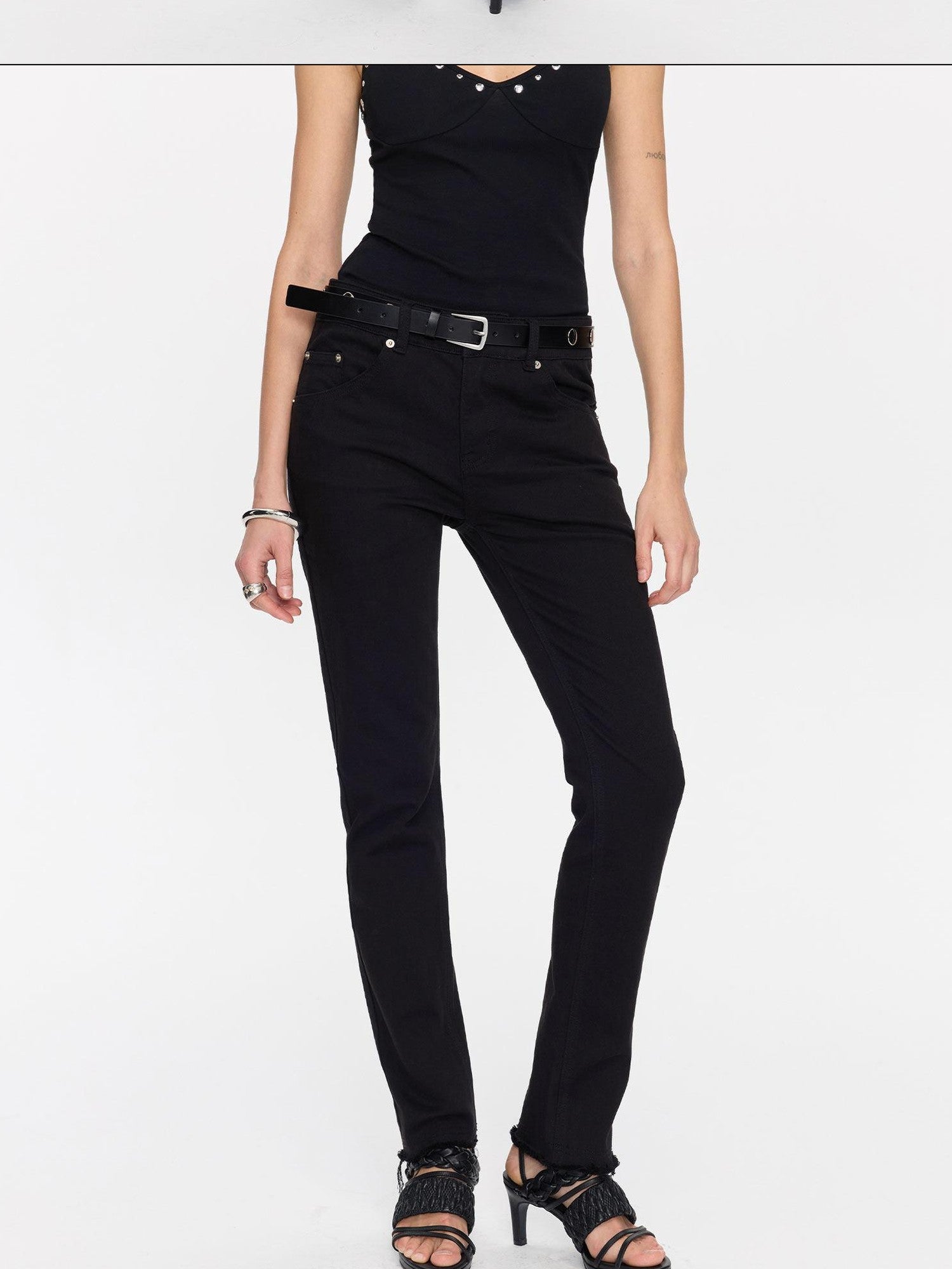 LYUOCHENG Black Frayed Hem Low Rise Stretch Straight Pencil Women&