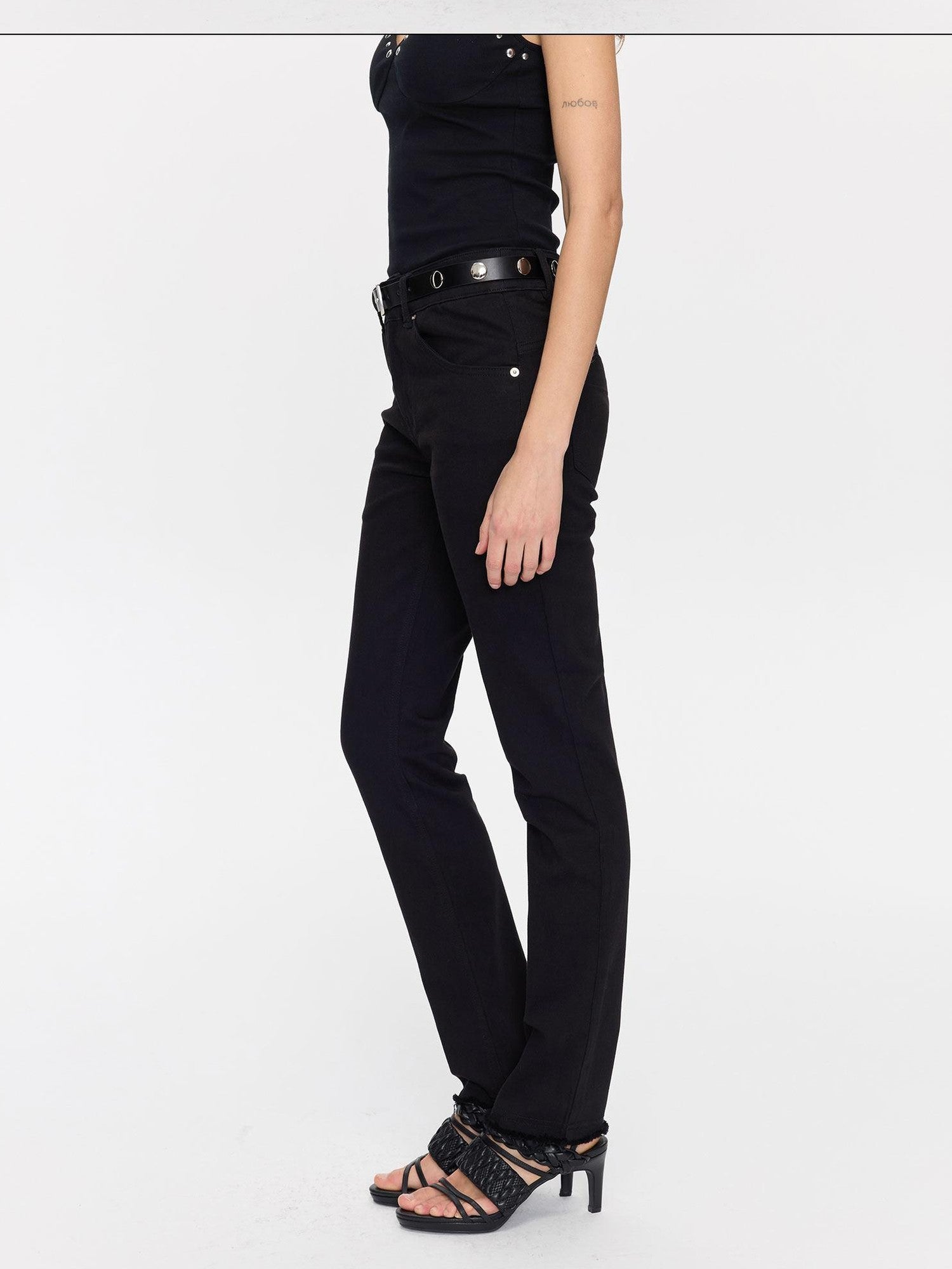 LYUOCHENG Black Frayed Hem Low Rise Stretch Straight Pencil Women&