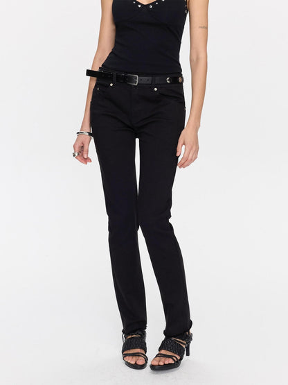 LYUOCHENG Black Frayed Hem Low Rise Stretch Straight Pencil Women&