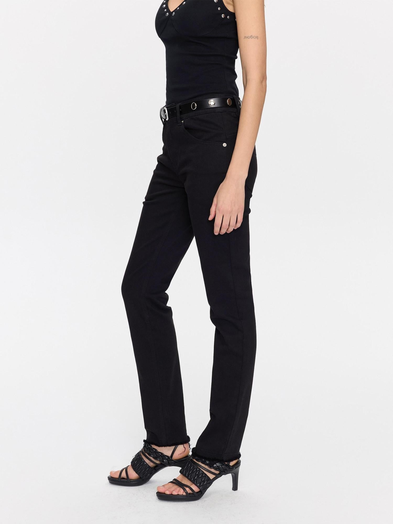 LYUOCHENG Black Frayed Hem Low Rise Stretch Straight Pencil Women&