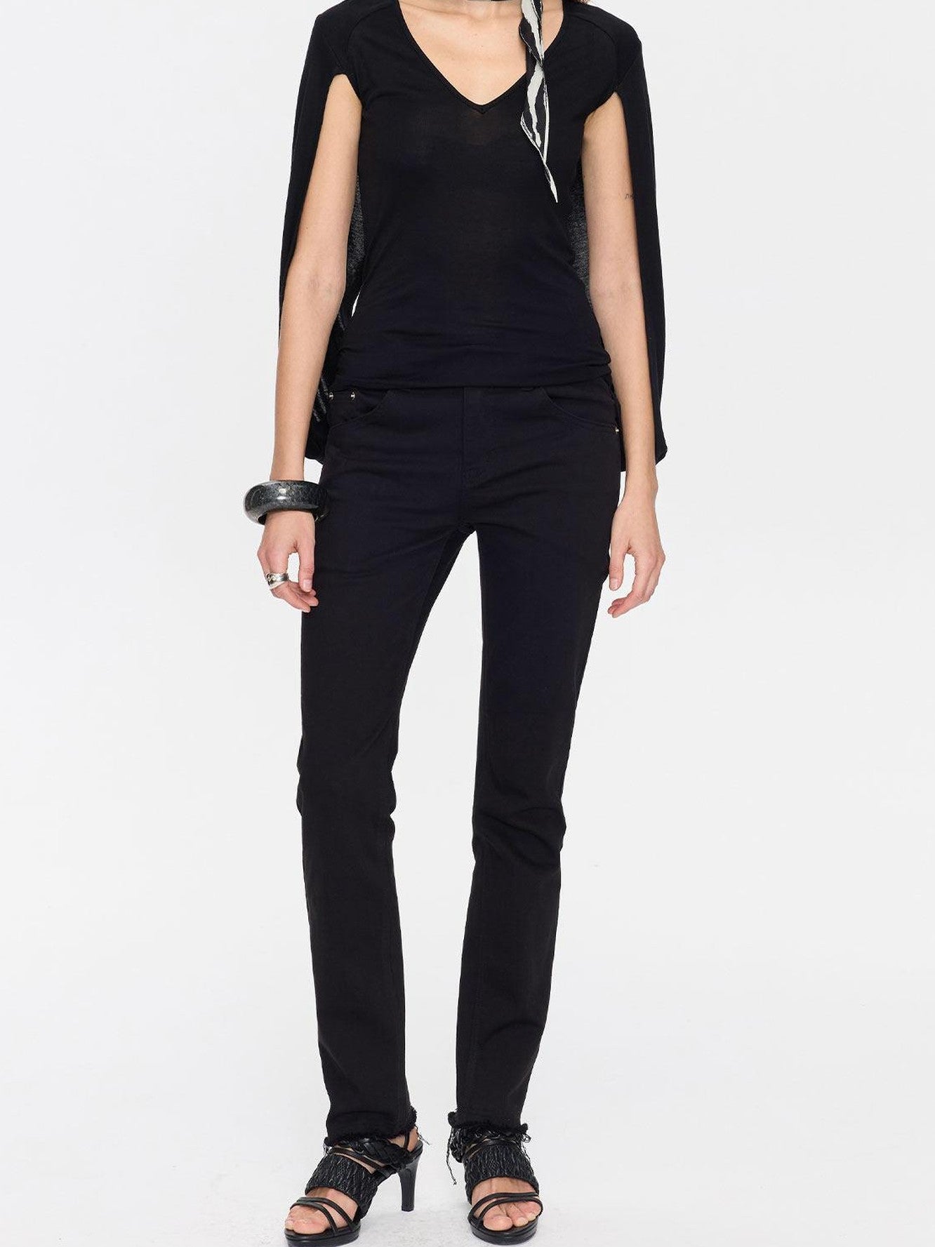 LYUOCHENG Black Frayed Hem Low Rise Stretch Straight Pencil Women&