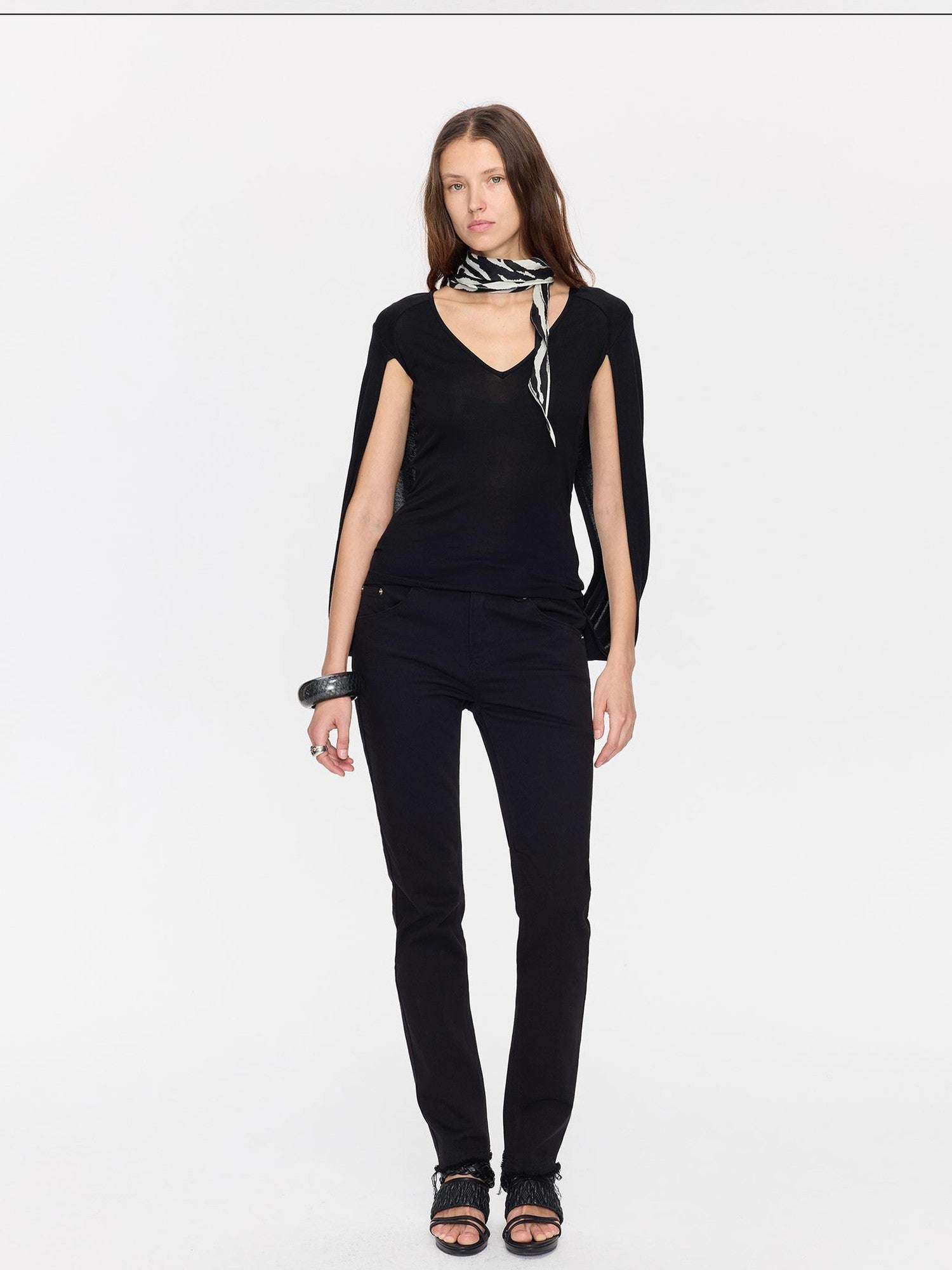 LYUOCHENG Black Frayed Hem Low Rise Stretch Straight Pencil Women&