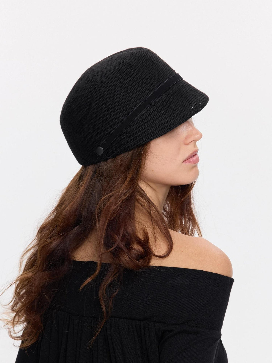 LYUOCHENG Black Knitted Structured Pleated Wide Brim Women&