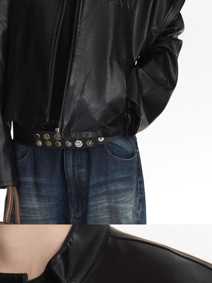 LYUOCHENG Black Loose Cropped Round Neck Zipper Street Style Women&