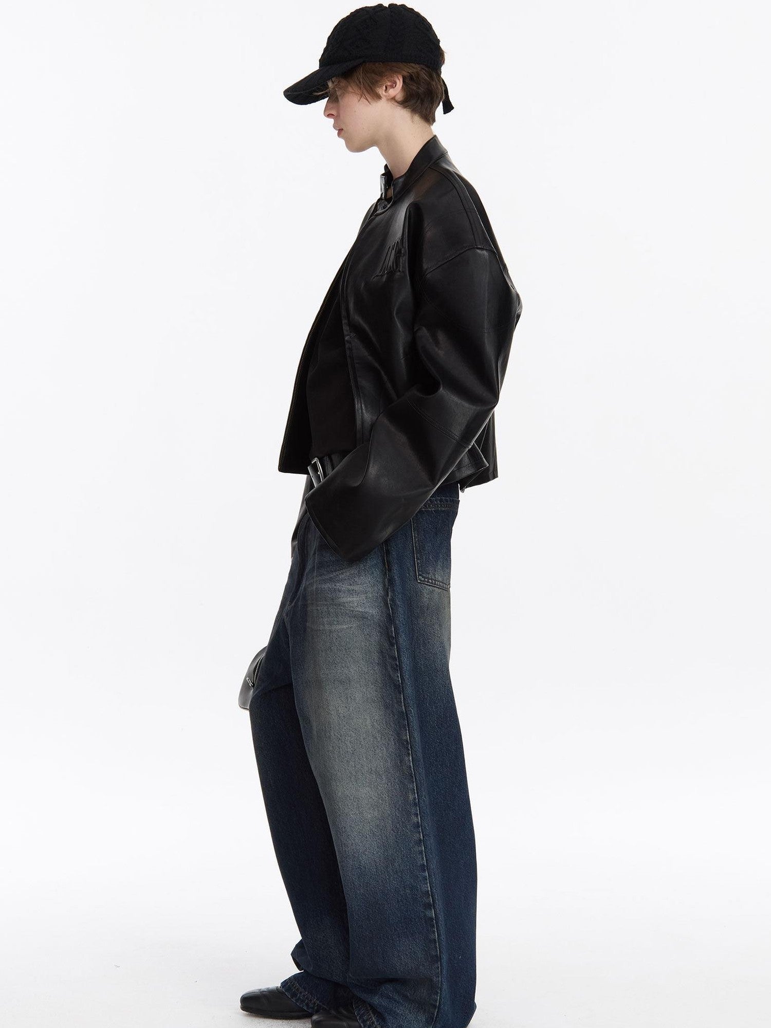 LYUOCHENG Black Loose Cropped Round Neck Zipper Street Style Women&