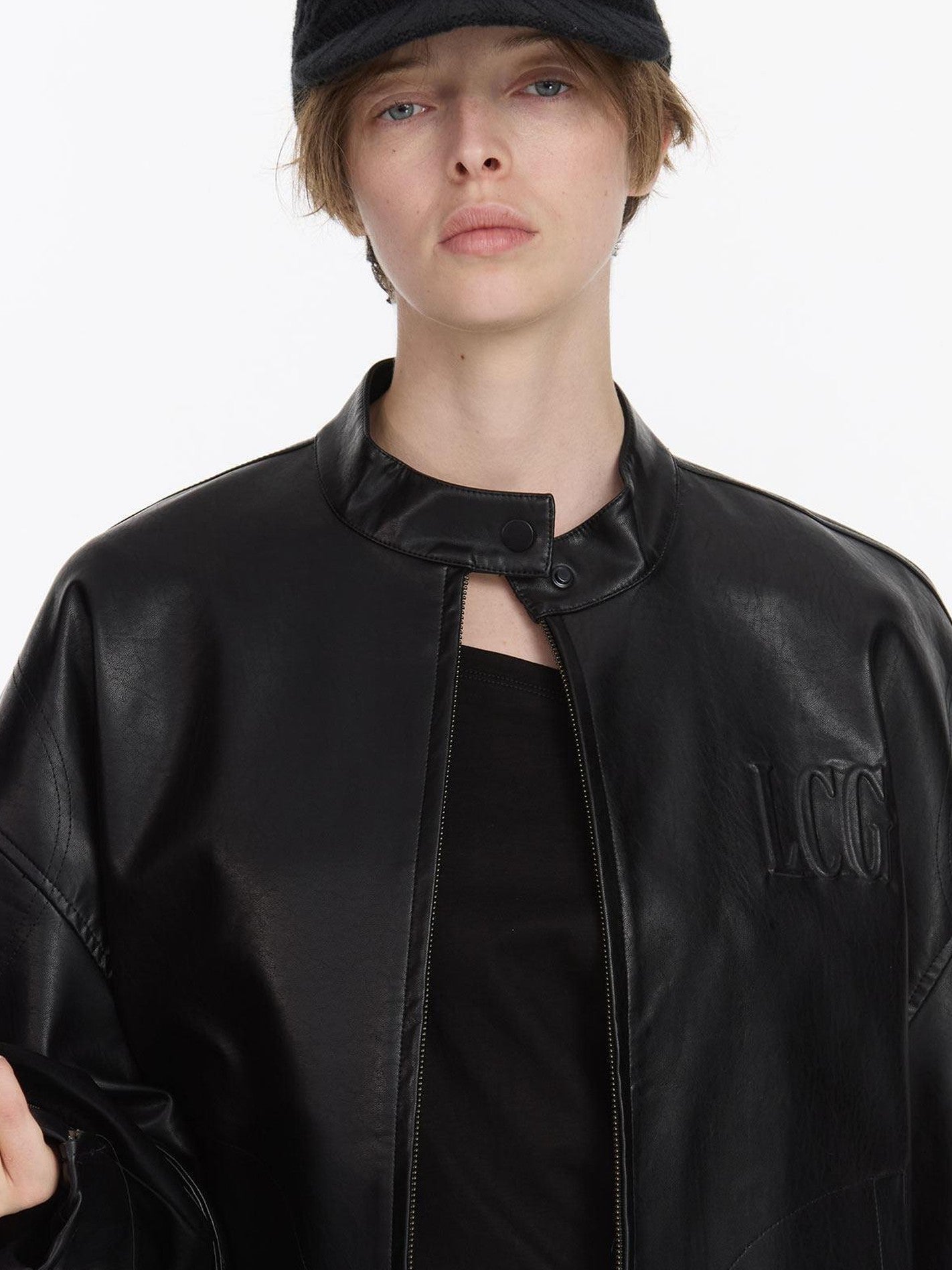 LYUOCHENG Black Loose Cropped Round Neck Zipper Street Style Women&