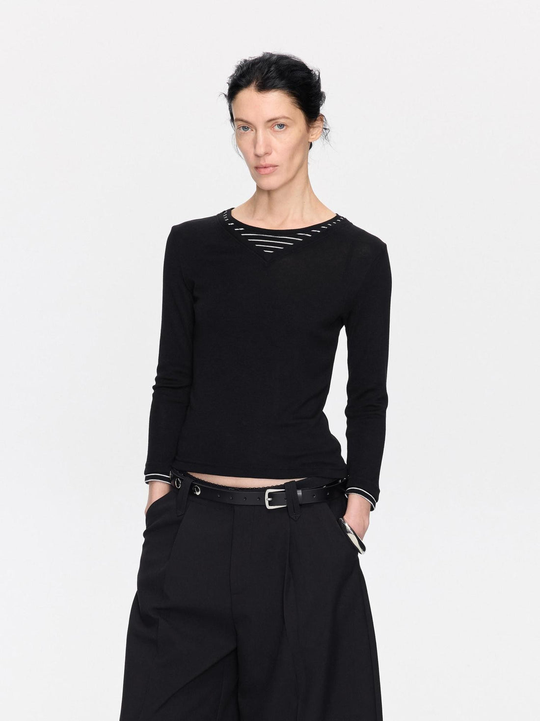 LYUOCHENG Black Patchwork Faux Two Piece V-neck Women&