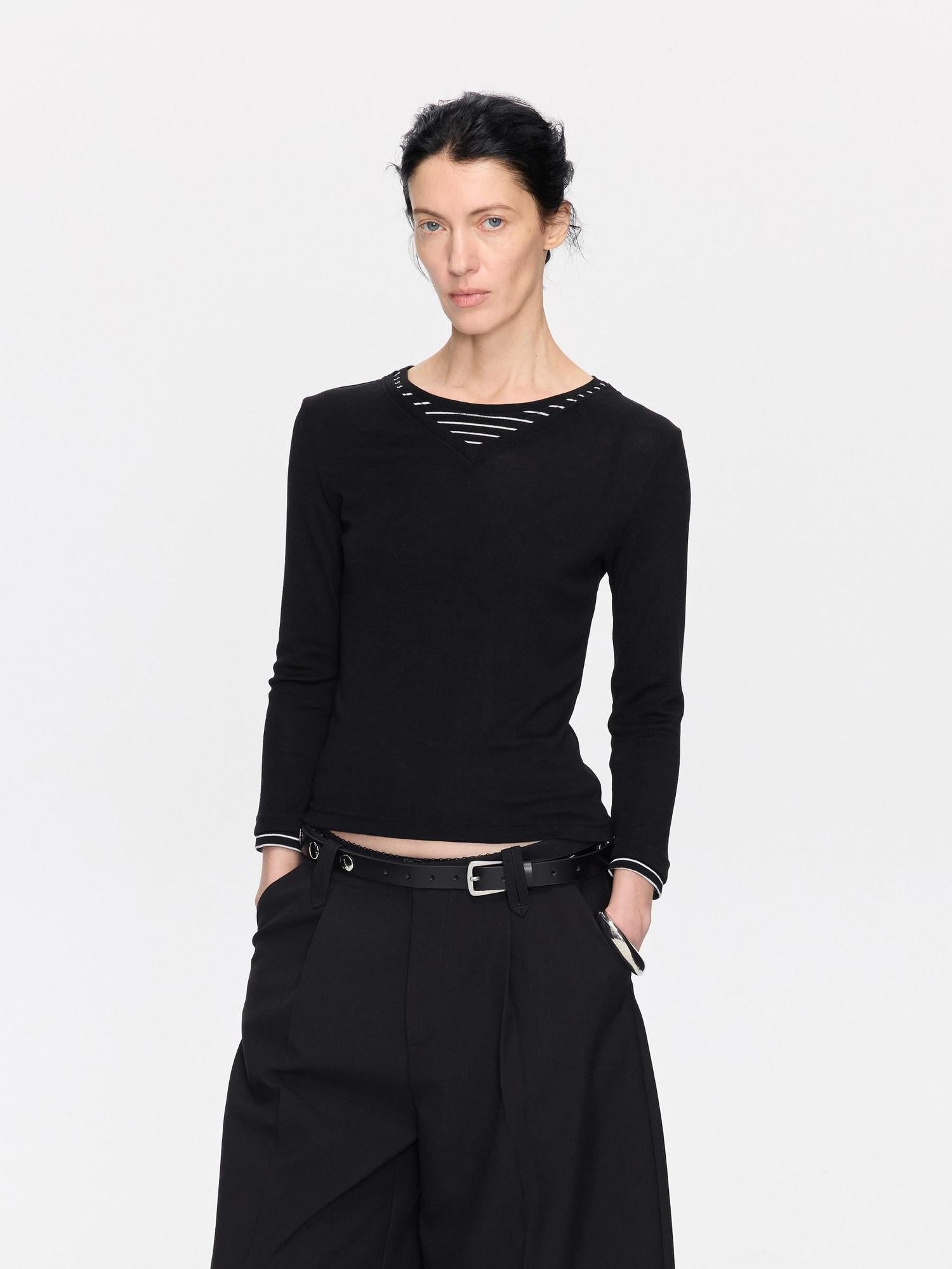 LYUOCHENG Black Patchwork Faux Two Piece V-neck Women&