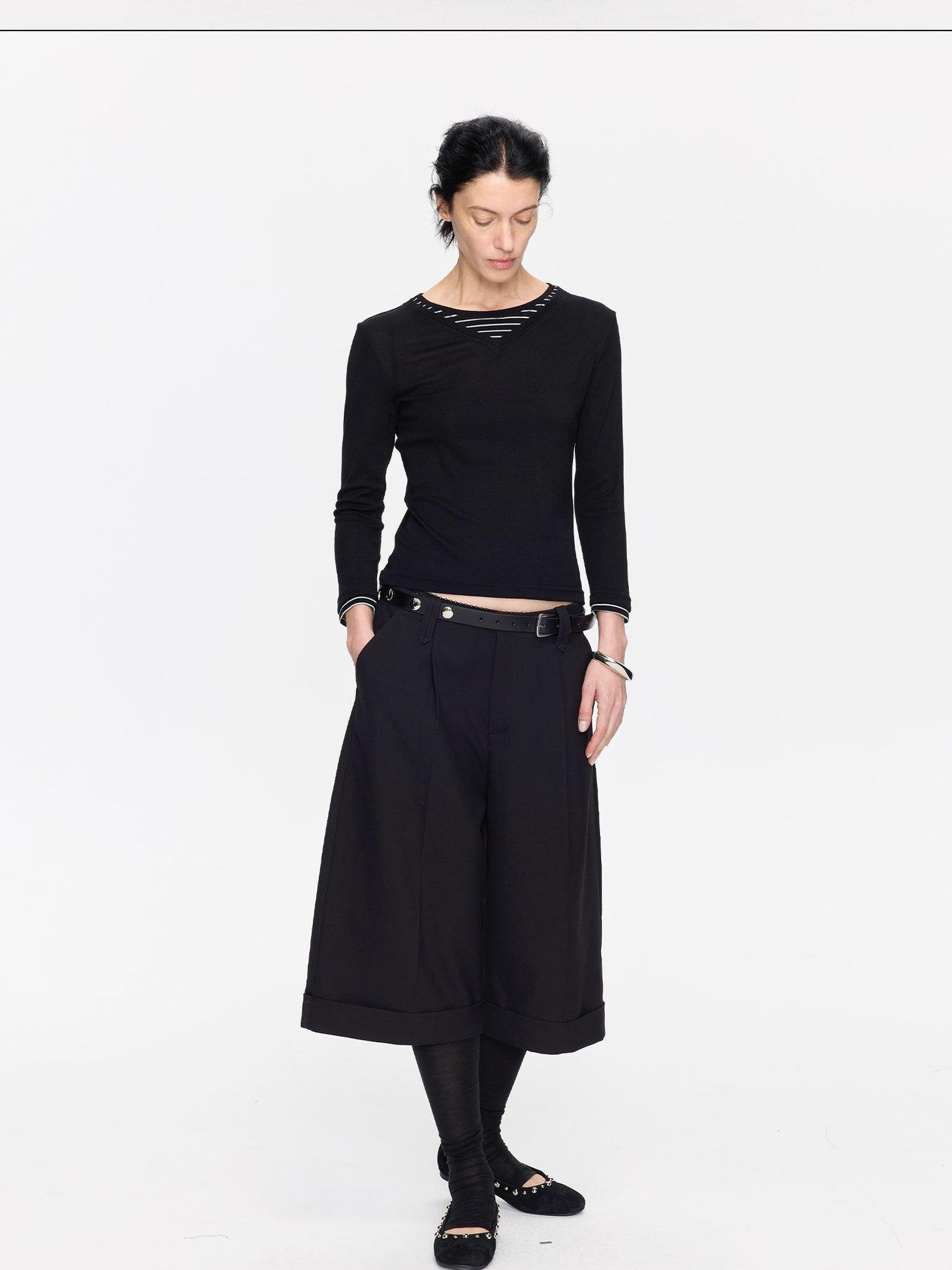 LYUOCHENG Black Patchwork Faux Two Piece V-neck Women&