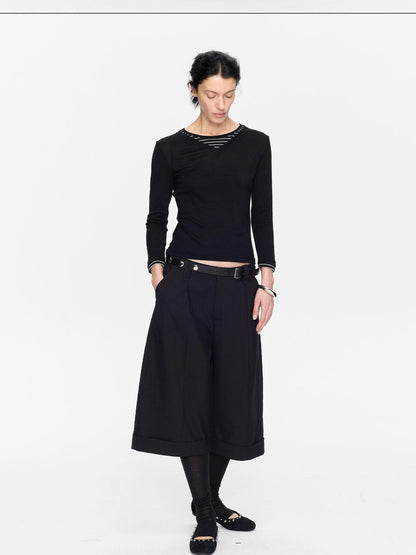 LYUOCHENG Black Patchwork Faux Two Piece V-neck Women&