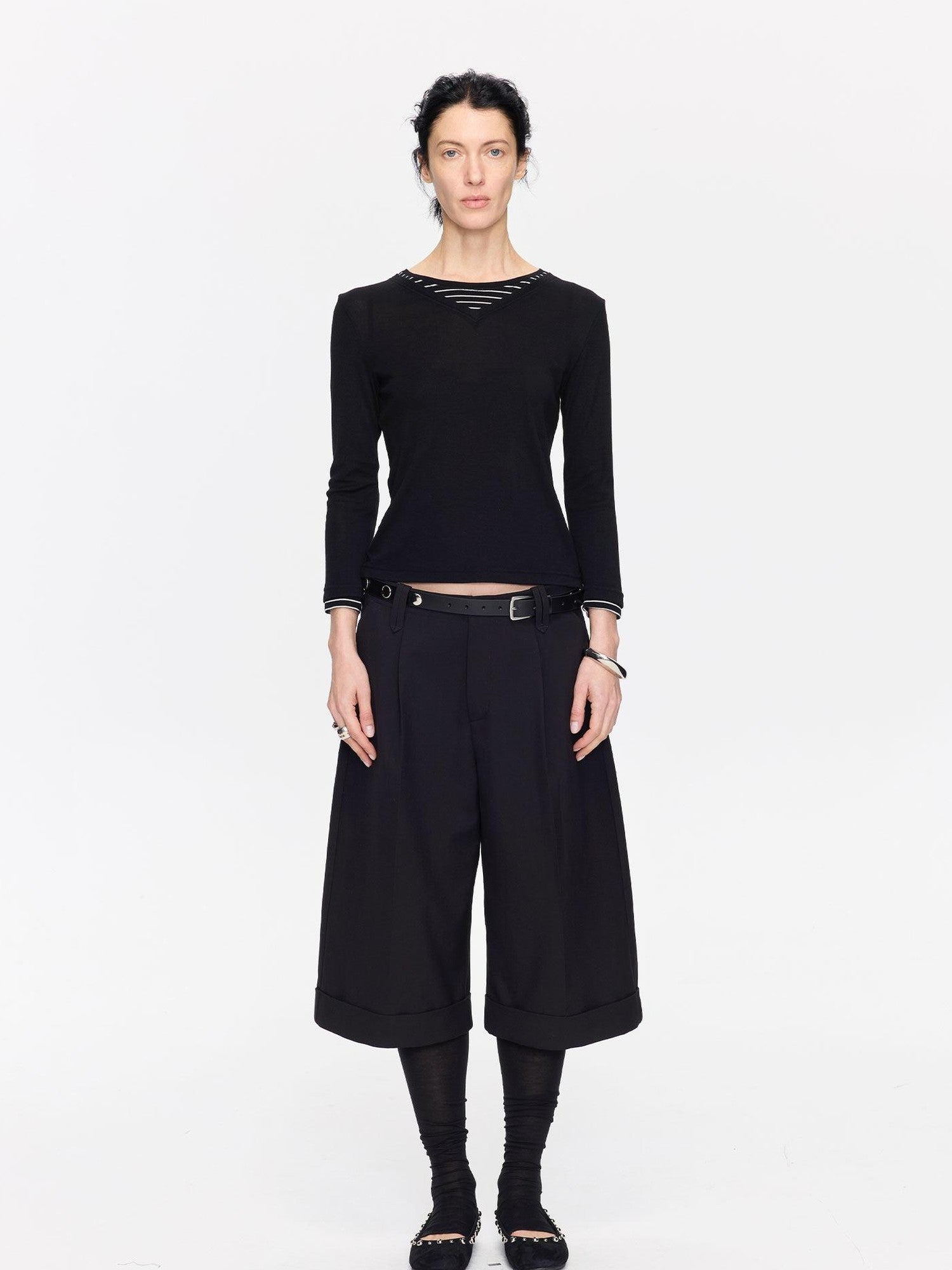 LYUOCHENG Black Patchwork Faux Two Piece V-neck Women&