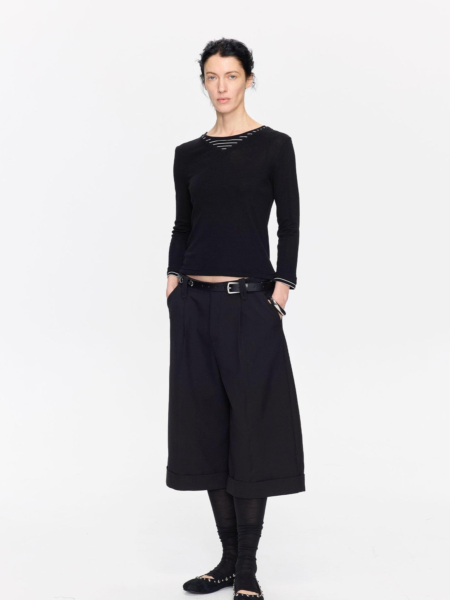 LYUOCHENG Black Patchwork Faux Two Piece V-neck Women&