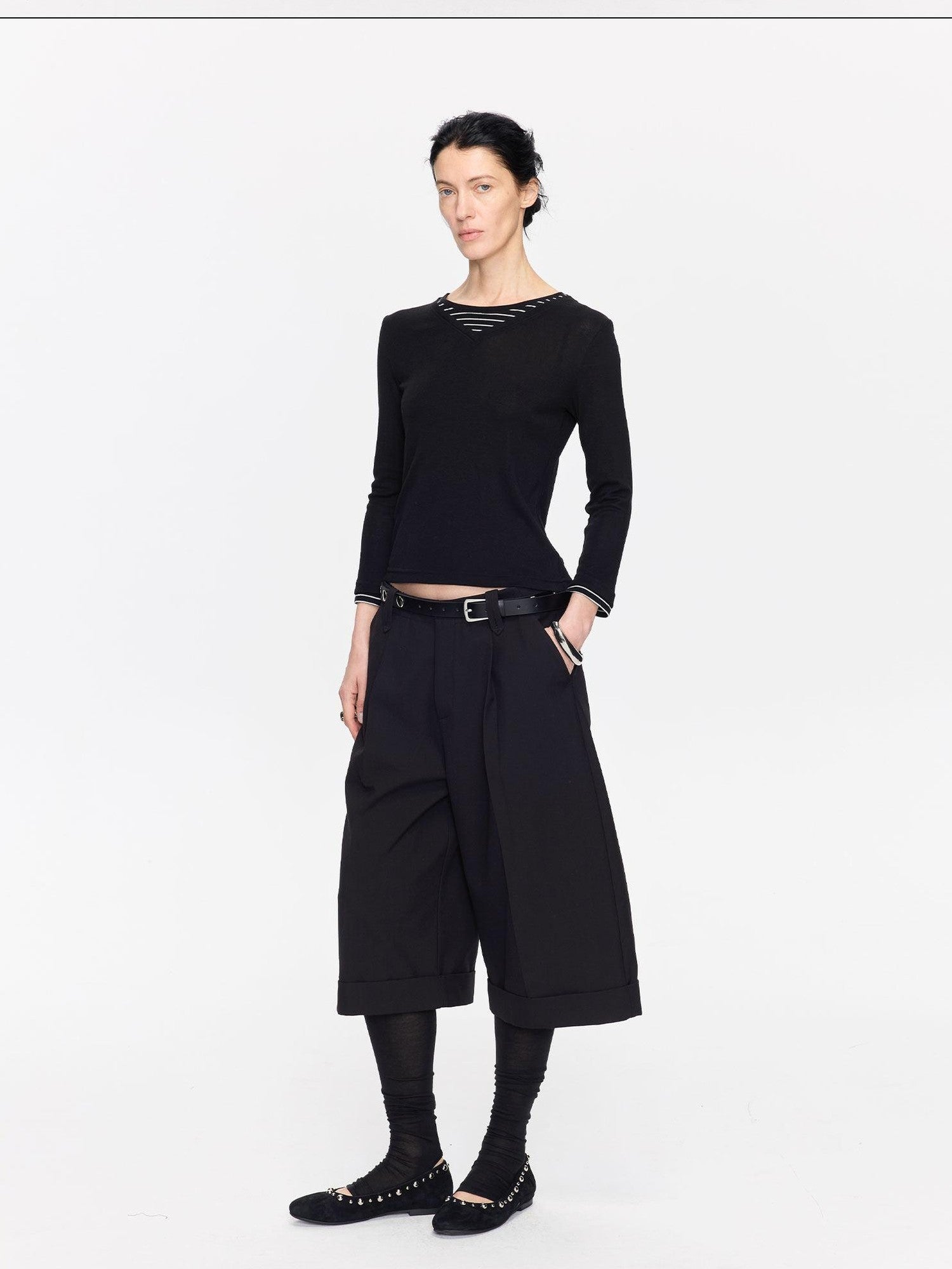 LYUOCHENG Black Patchwork Faux Two Piece V-neck Women&