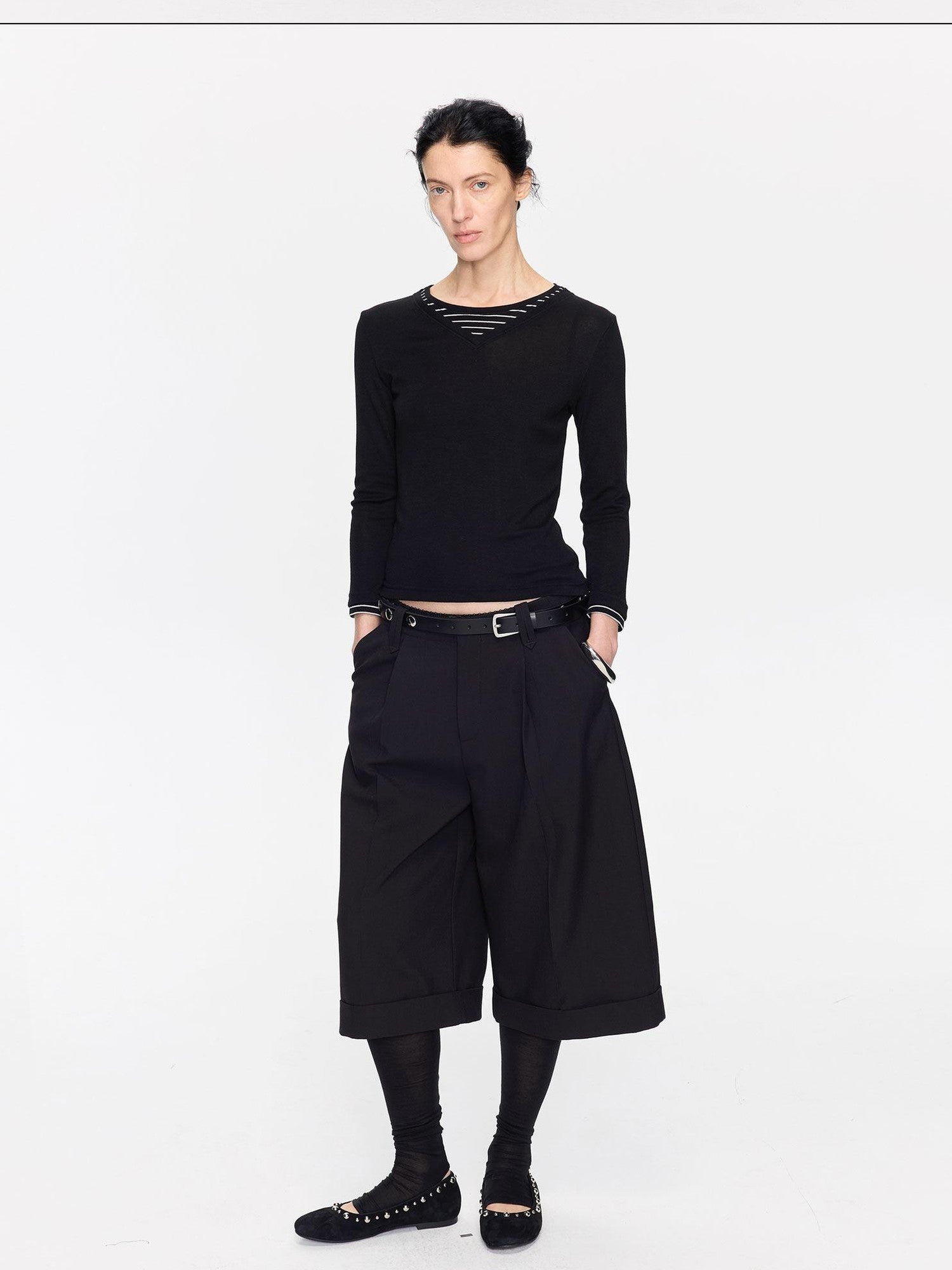 LYUOCHENG Black Patchwork Faux Two Piece V-neck Women&