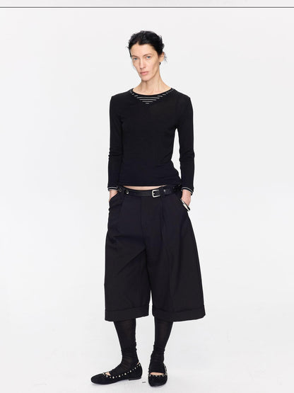 LYUOCHENG Black Patchwork Faux Two Piece V-neck Women&