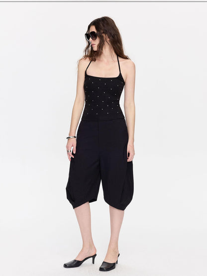 LYUOCHENG Black Rhinestone U Neck Slim Cropped Women&