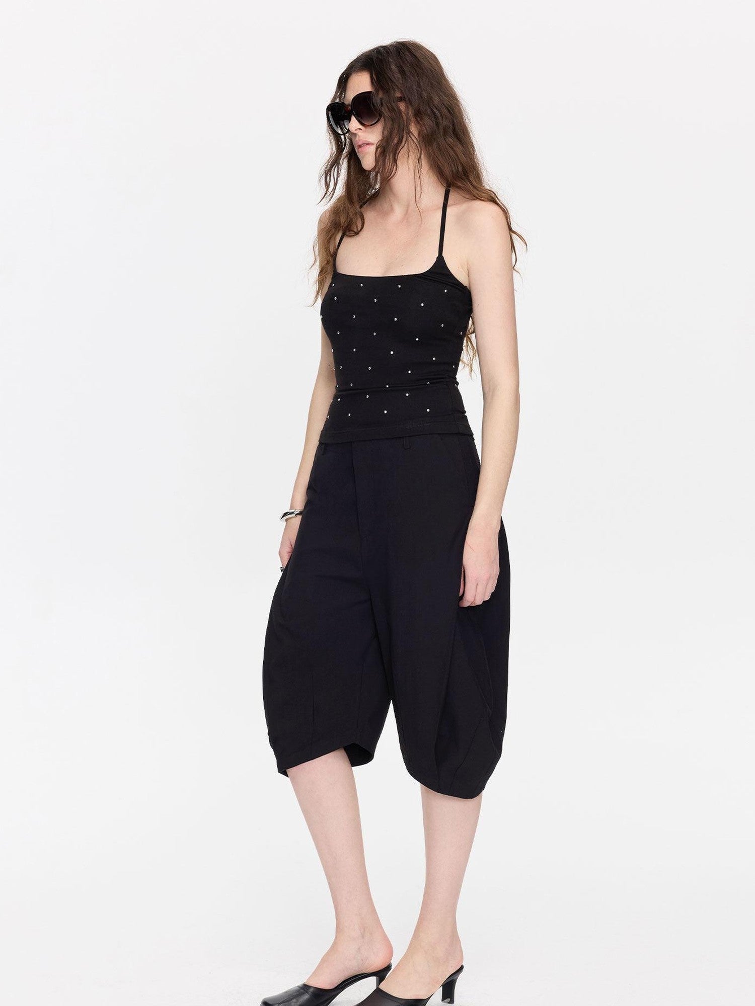 LYUOCHENG Black Rhinestone U Neck Slim Cropped Women&