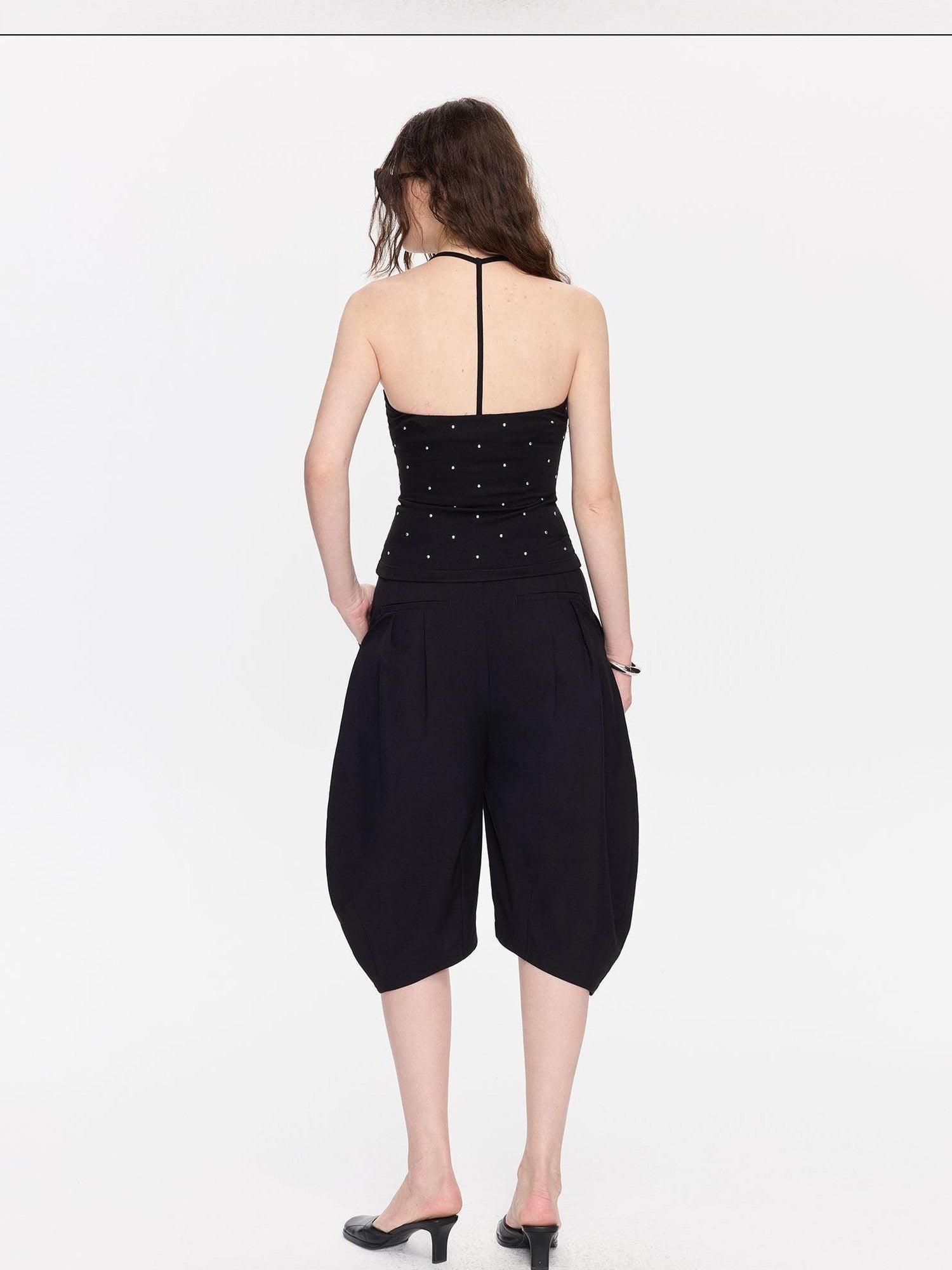 LYUOCHENG Black Rhinestone U Neck Slim Cropped Women&