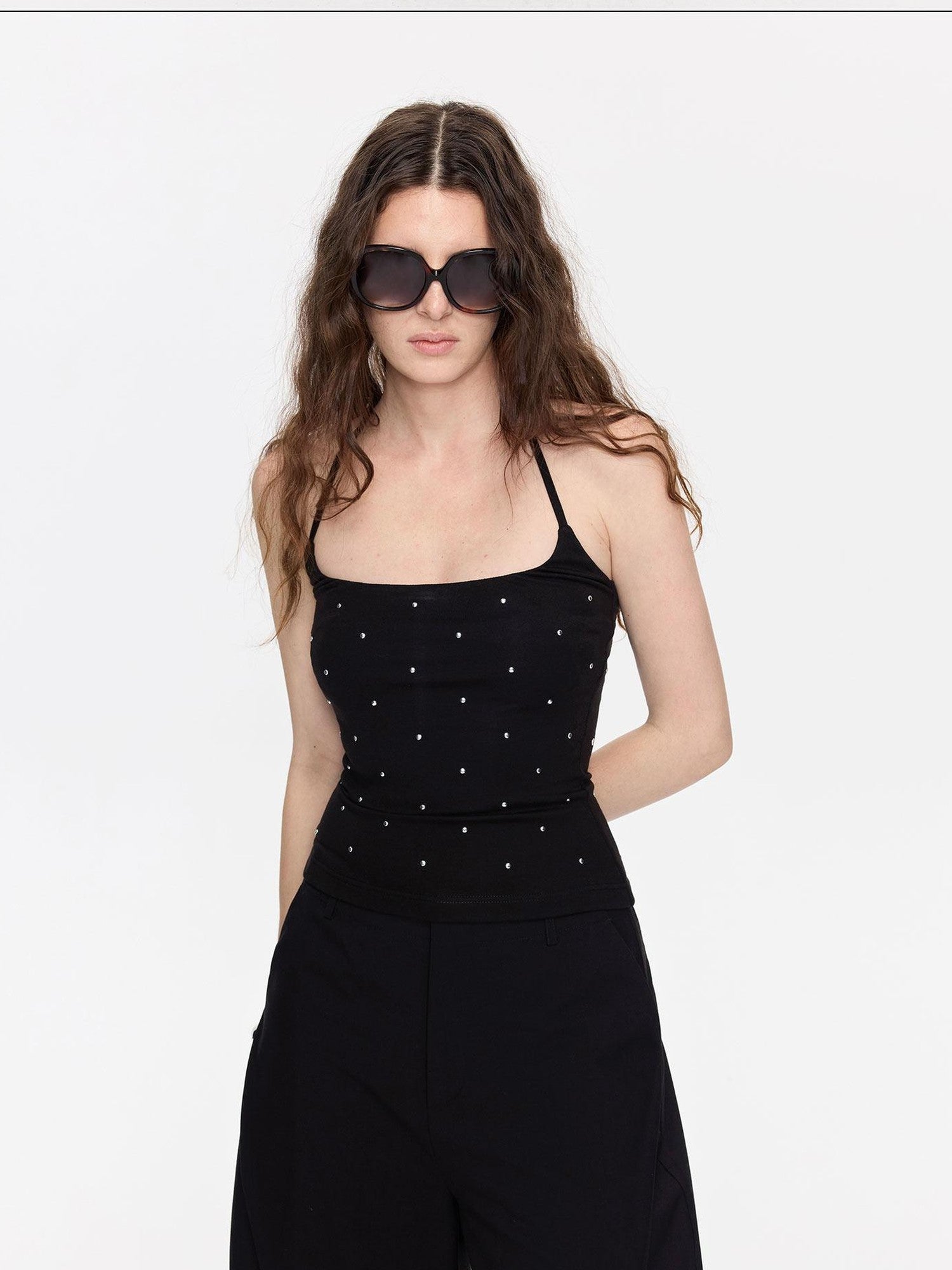 LYUOCHENG Black Rhinestone U Neck Slim Cropped Women&