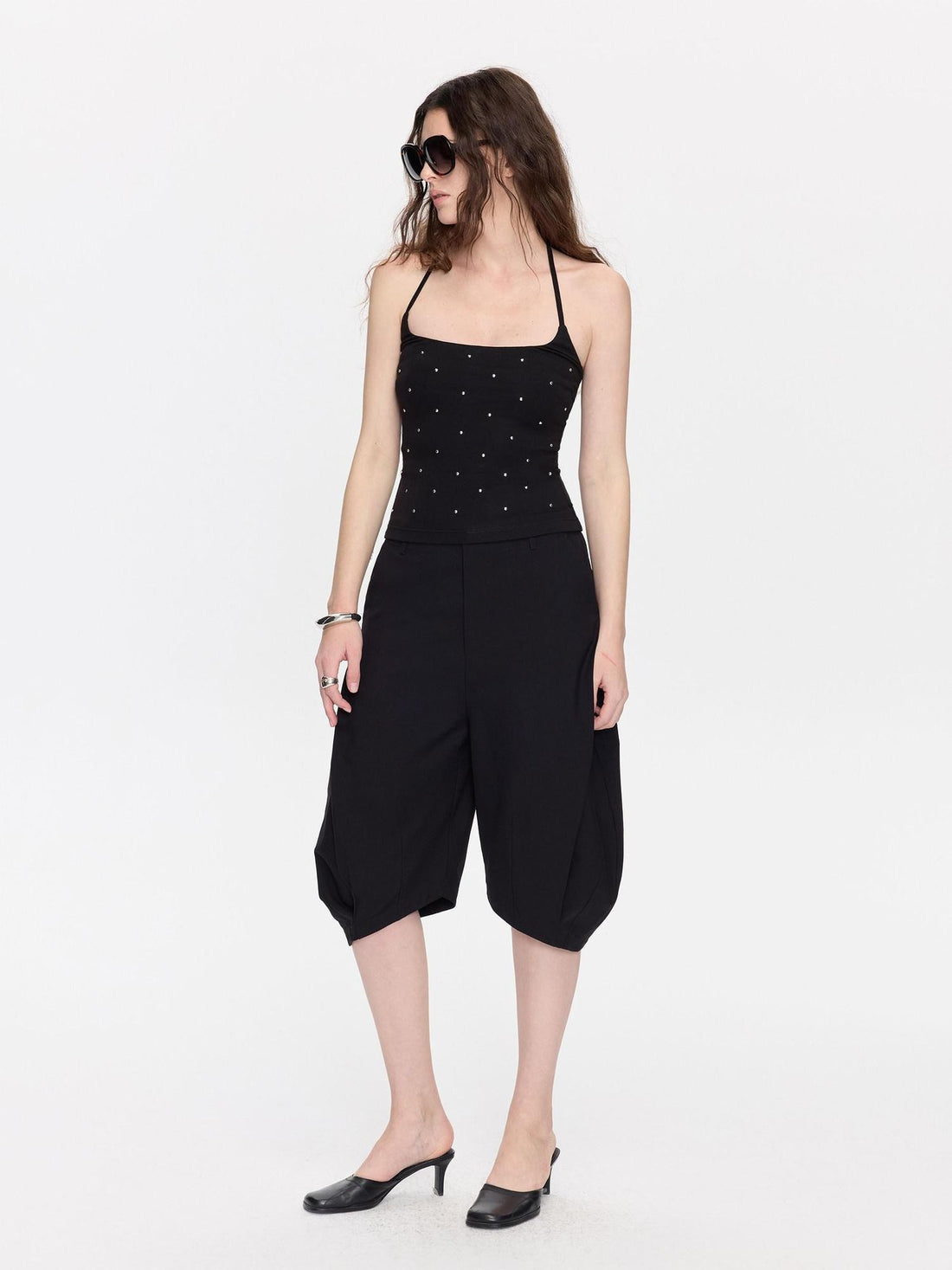 LYUOCHENG Black Rhinestone U Neck Slim Cropped Women&