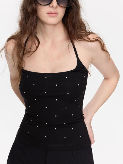 LYUOCHENG Black Rhinestone U Neck Slim Cropped Women&