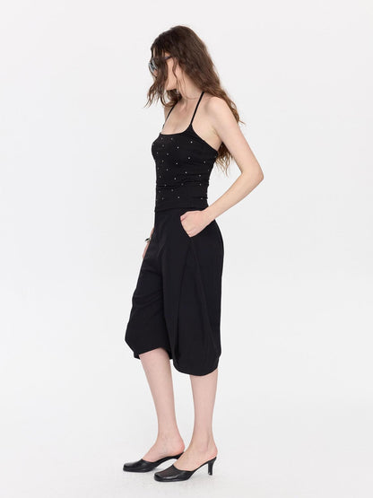 LYUOCHENG Black Rhinestone U Neck Slim Cropped Women&