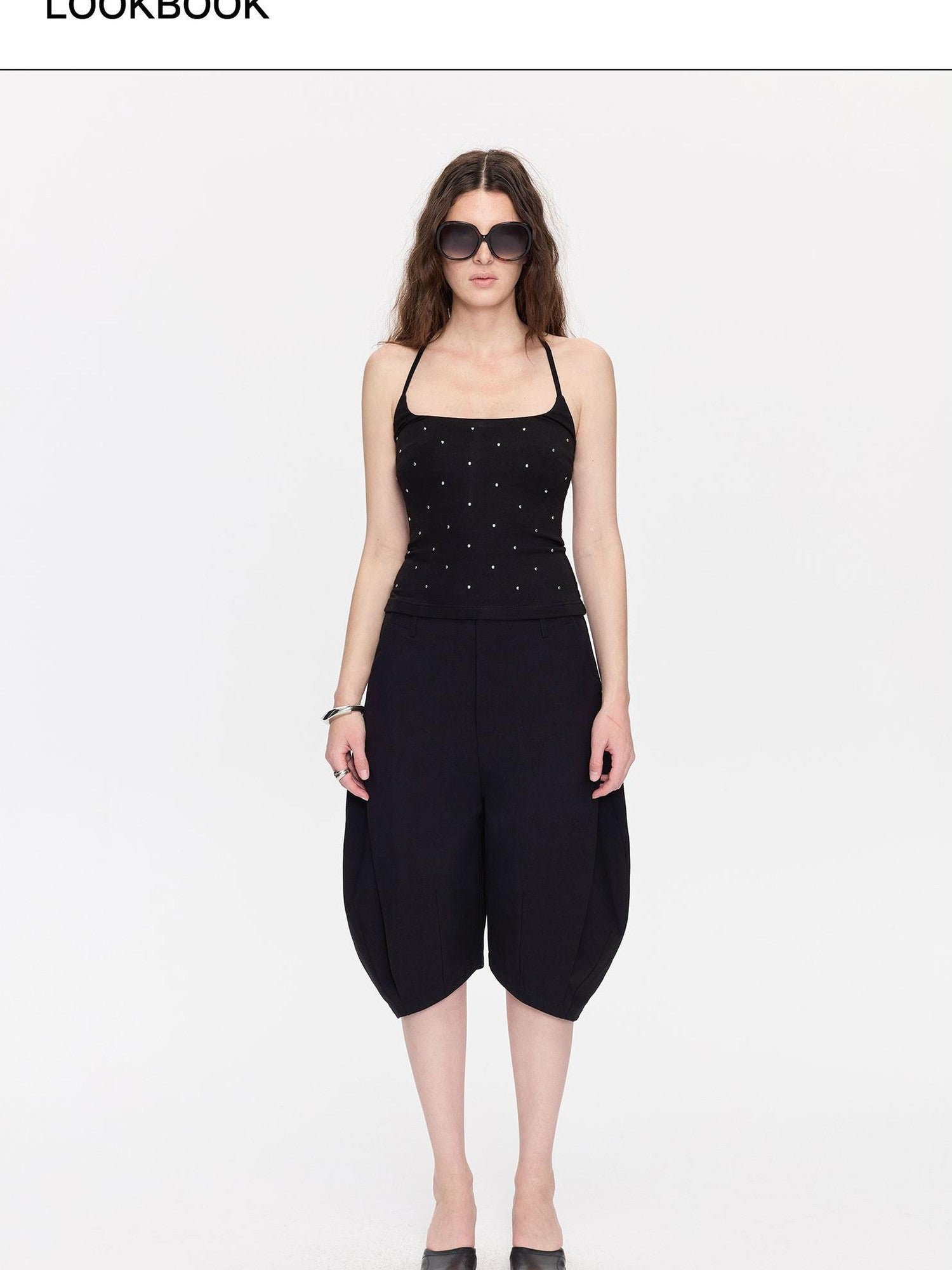 LYUOCHENG Black Rhinestone U Neck Slim Cropped Women&