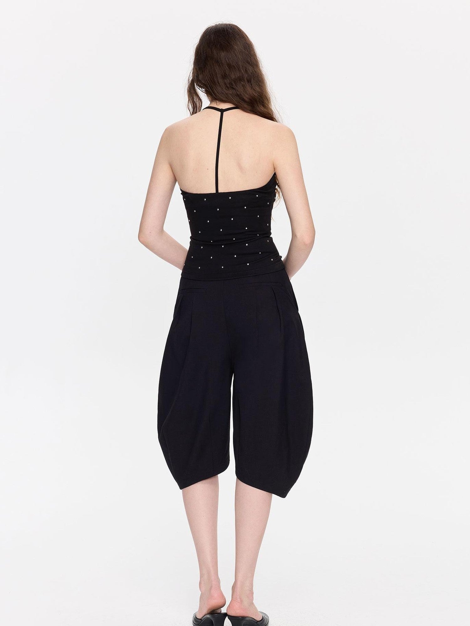 LYUOCHENG Black Rhinestone U Neck Slim Cropped Women&