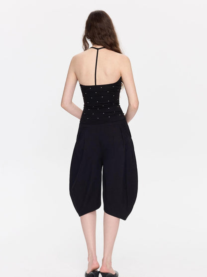 LYUOCHENG Black Rhinestone U Neck Slim Cropped Women&