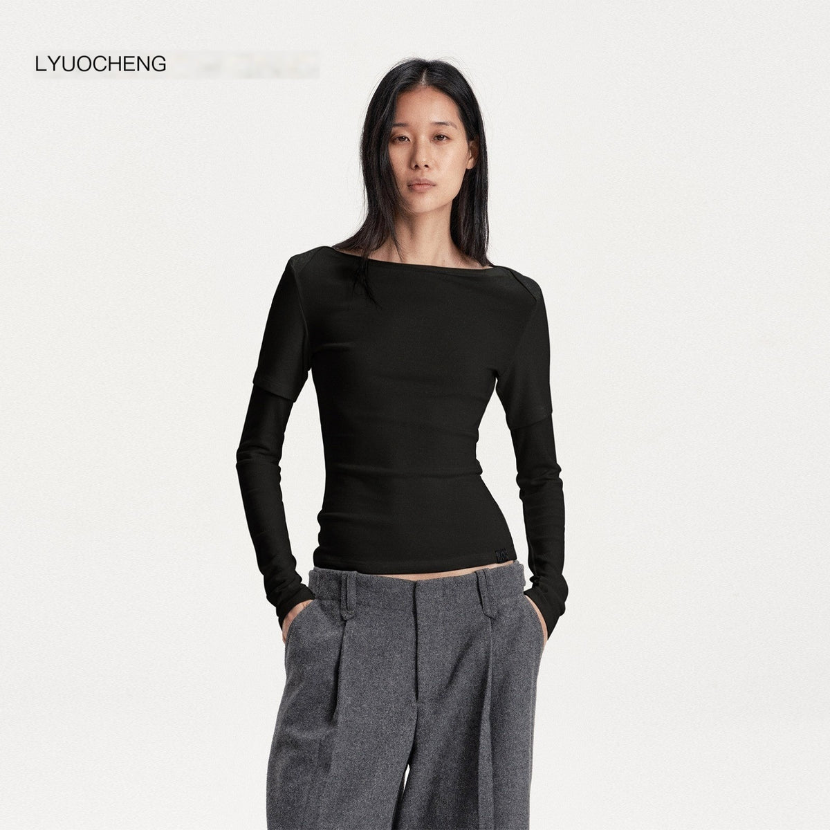 LYUOCHENG_Boat_Neck_Off_Shoulder_Spliced_Faux_Layered_Women&