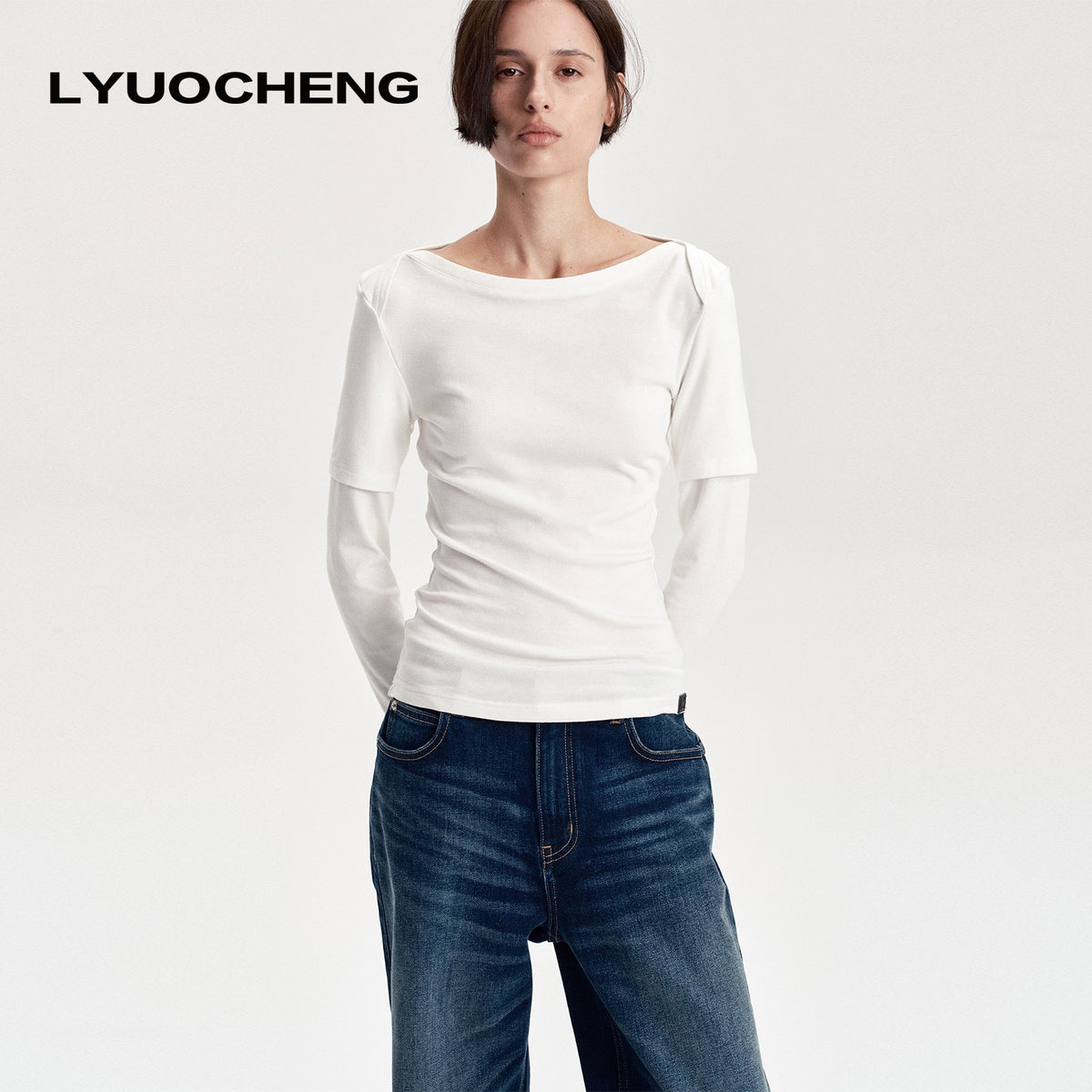LYUOCHENG_Boat_Neck_Off_Shoulder_Spliced_Faux_Layered_Women&