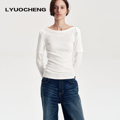 LYUOCHENG_Boat_Neck_Off_Shoulder_Spliced_Faux_Layered_Women&