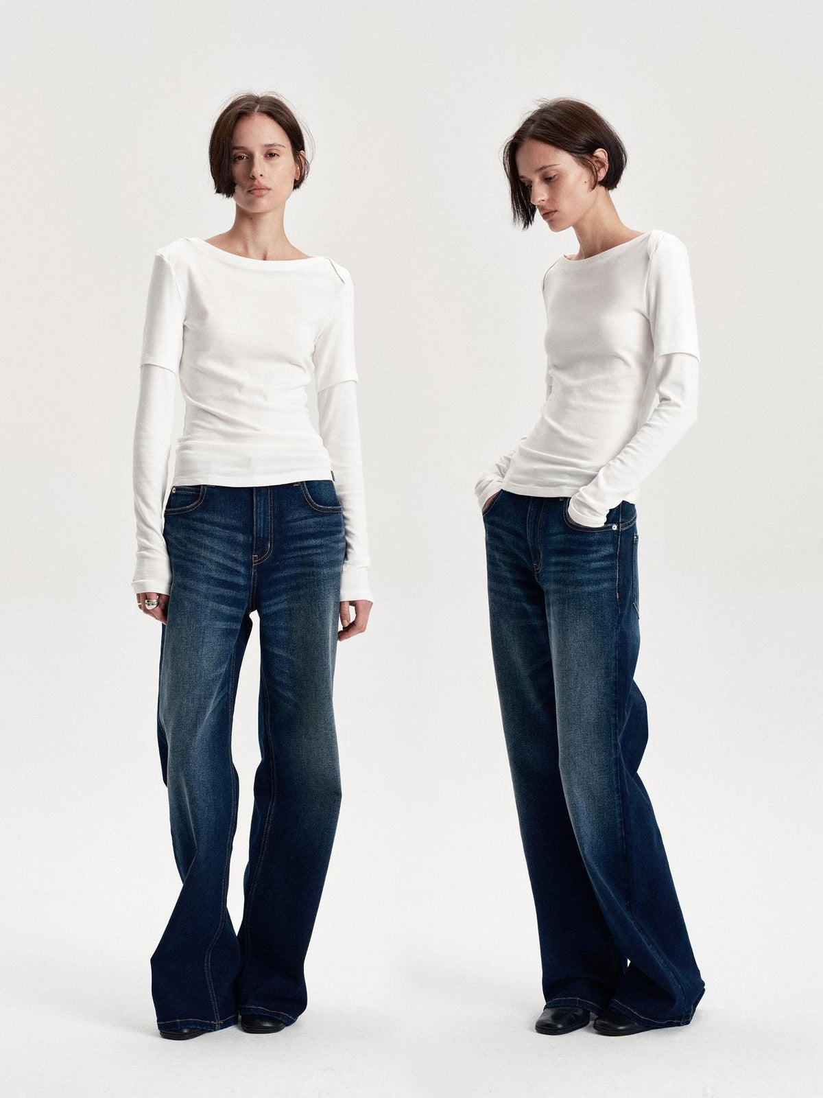 LYUOCHENG Boat Neck Off Shoulder Spliced Faux Layered Women&