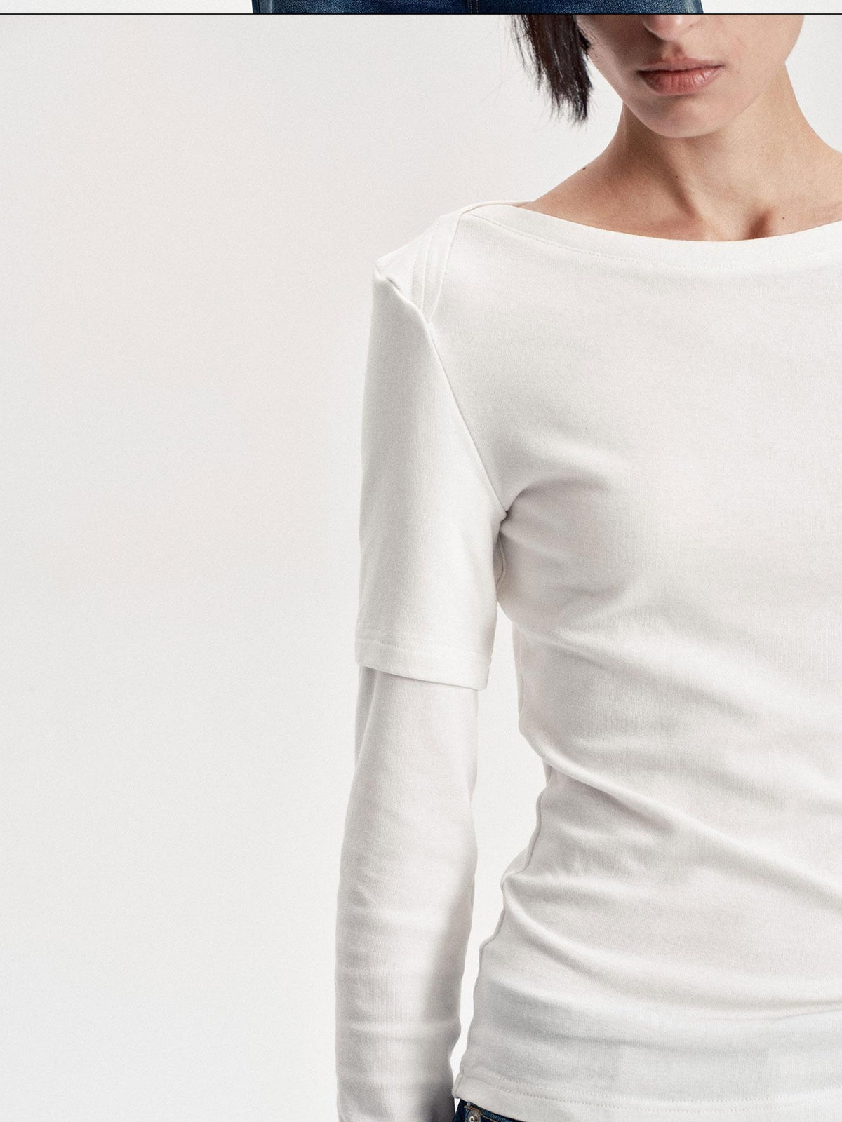 LYUOCHENG Boat Neck Off Shoulder Spliced Faux Layered Women&