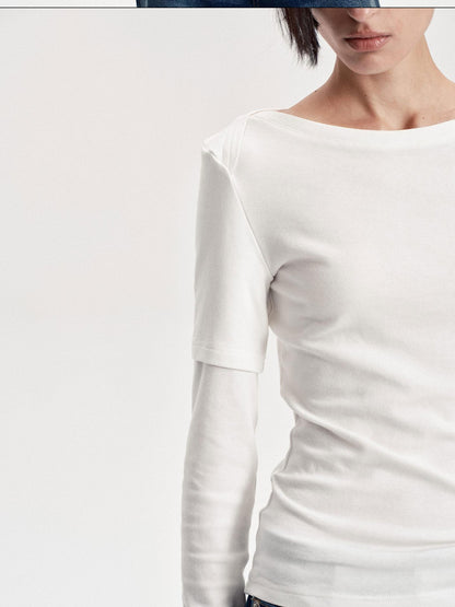 LYUOCHENG Boat Neck Off Shoulder Spliced Faux Layered Women&
