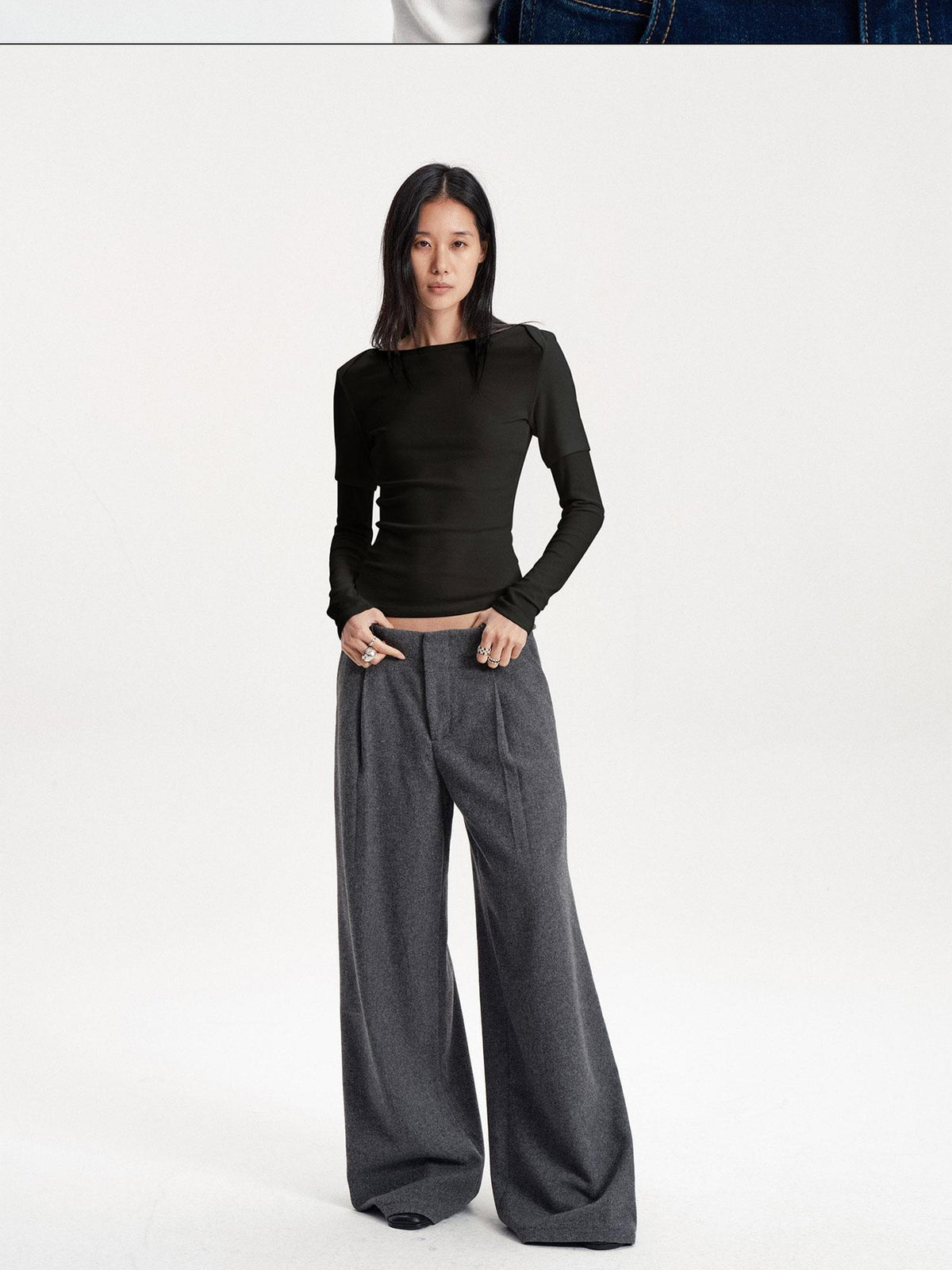LYUOCHENG Boat Neck Off Shoulder Spliced Faux Layered Women&