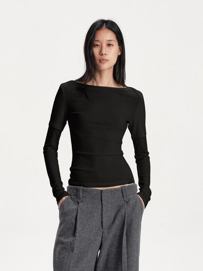 LYUOCHENG Boat Neck Off Shoulder Spliced Faux Layered Women&