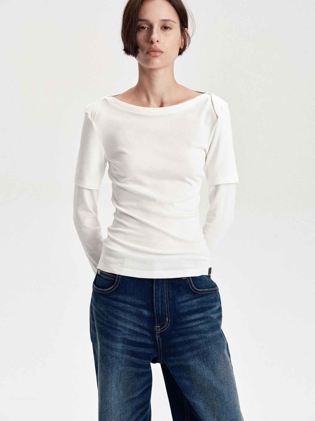 LYUOCHENG Boat Neck Off Shoulder Spliced Faux Layered Women&