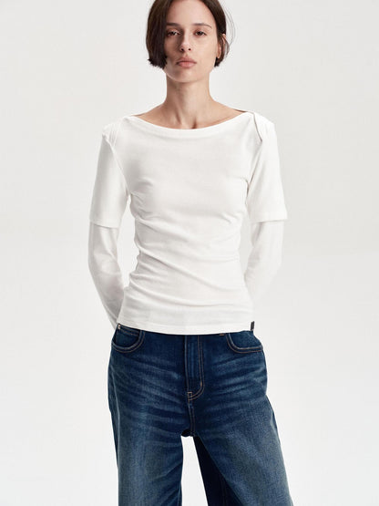 LYUOCHENG Boat Neck Off Shoulder Spliced Faux Layered Women&