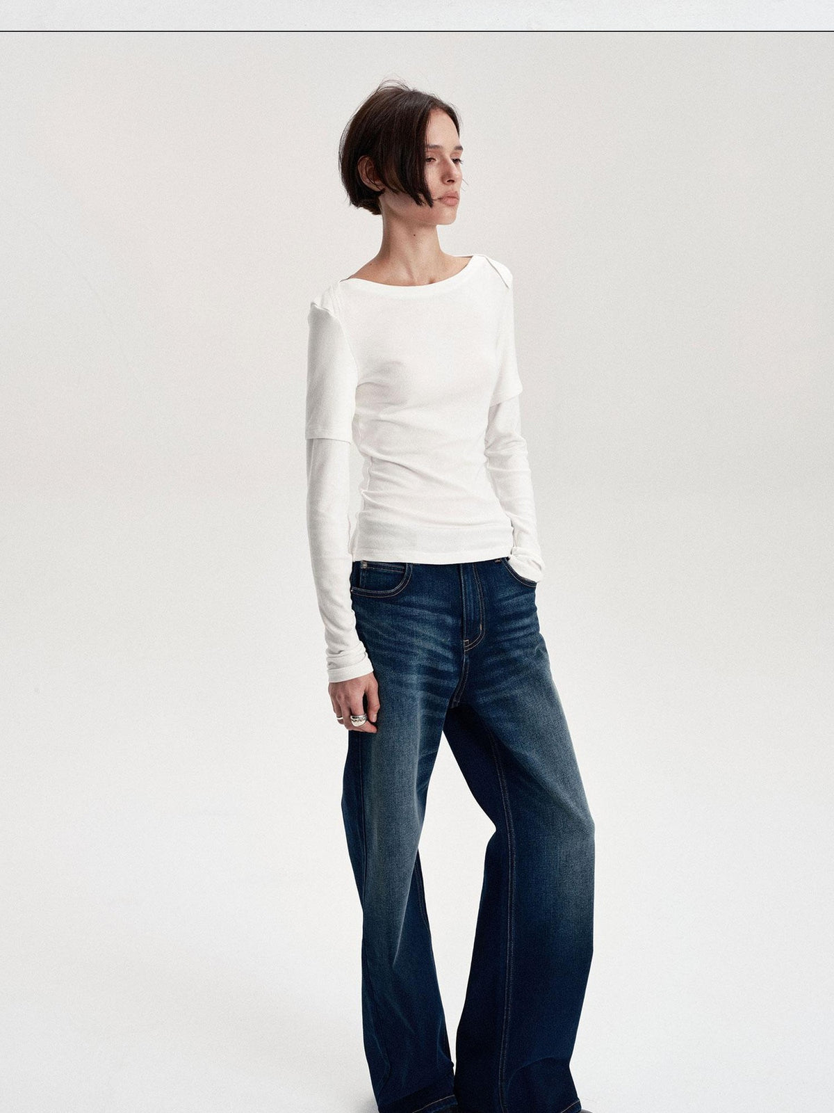 LYUOCHENG Boat Neck Off Shoulder Spliced Faux Layered Women&
