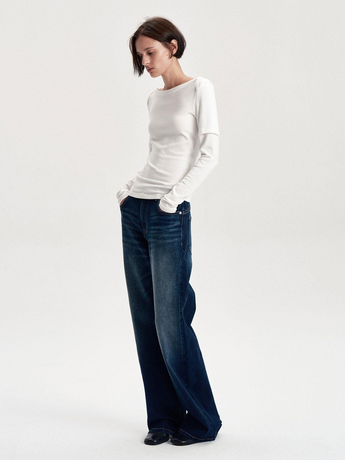 LYUOCHENG Boat Neck Off Shoulder Spliced Faux Layered Women&
