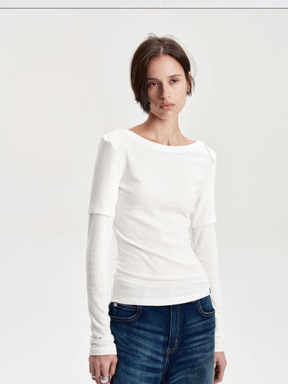 LYUOCHENG Boat Neck Off Shoulder Spliced Faux Layered Women&