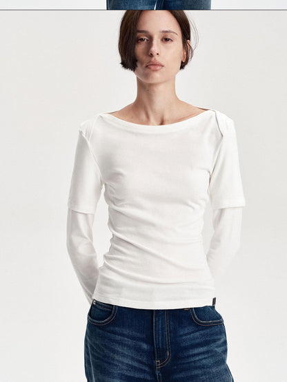 LYUOCHENG Boat Neck Off Shoulder Spliced Faux Layered Women&