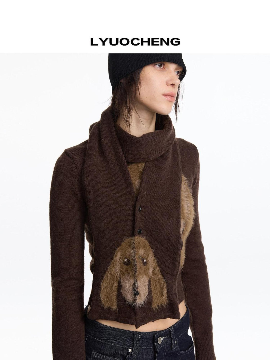 LYUOCHENG Brown Dachshund Head Jacquard Pile Knit Women&
